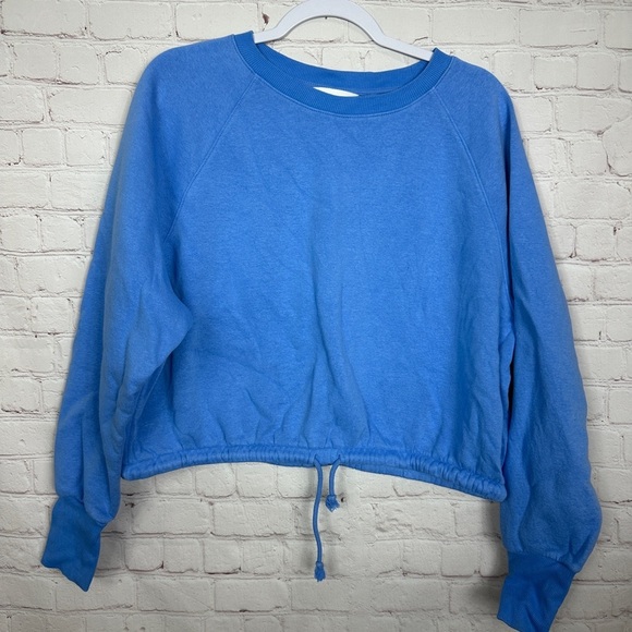 H&M blue Fleece lined Cropped Crewneck Pullover Sweatshirt drawstring waist sz L - Picture 1 of 5